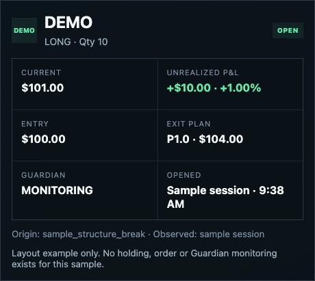 OSCR illustrative open Paper trade card showing position and Guardian status